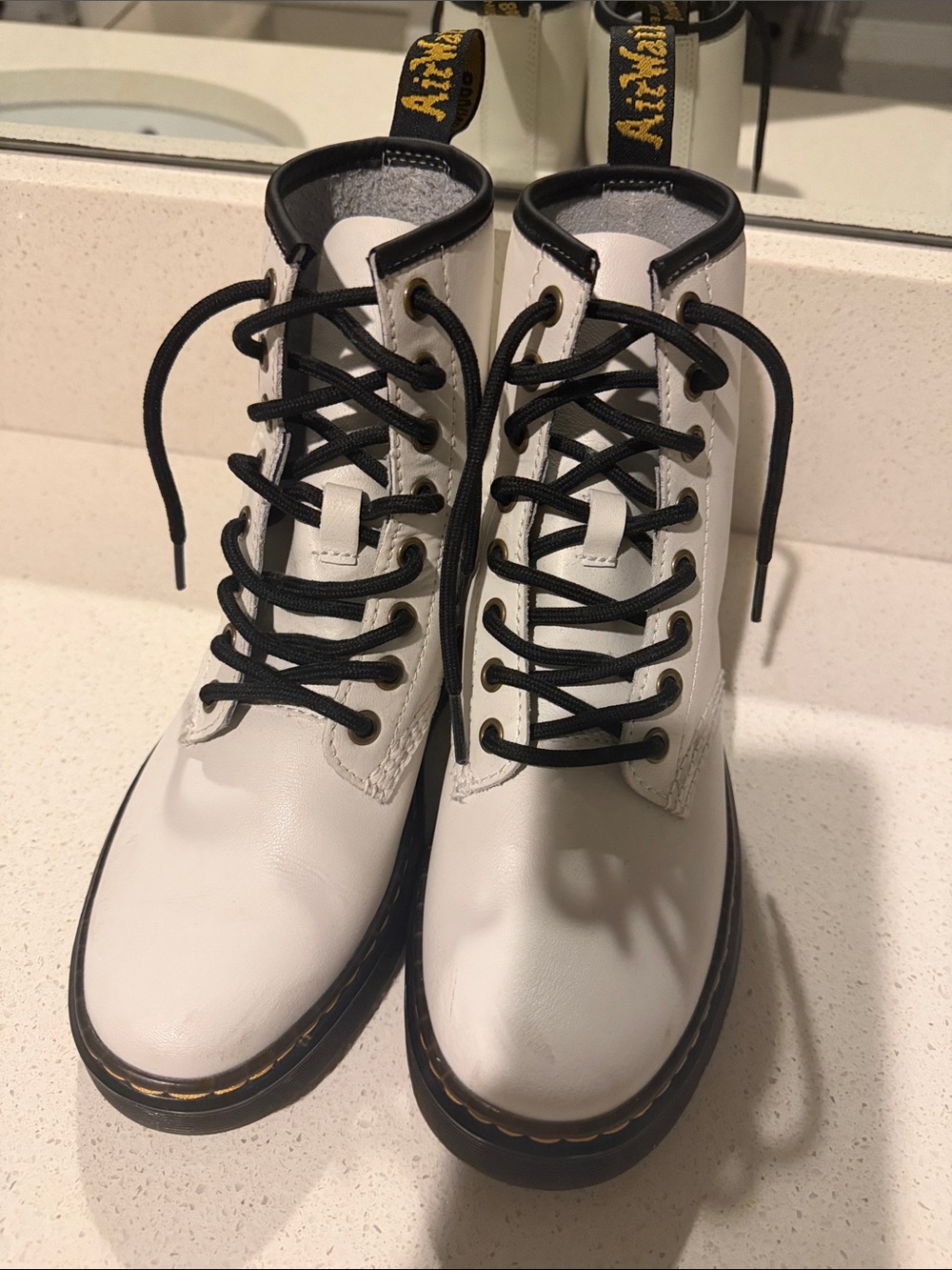 Dr. Martens White Lace-Up Combat Boots with white with Black Trim. M-4 L-5
